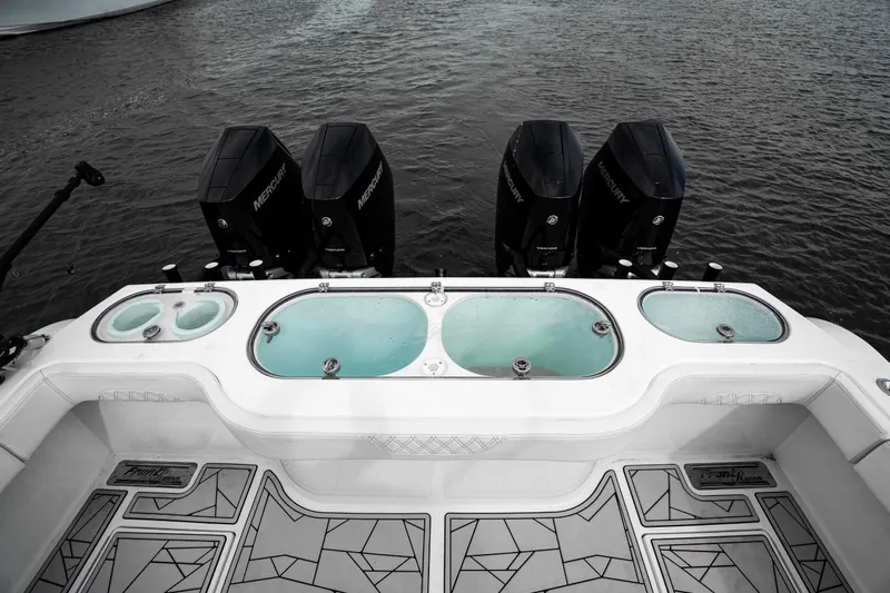  Yacht Photos Pics 2024 Front Runner 37 Catamaran with Mercury engines and live wells on deck.