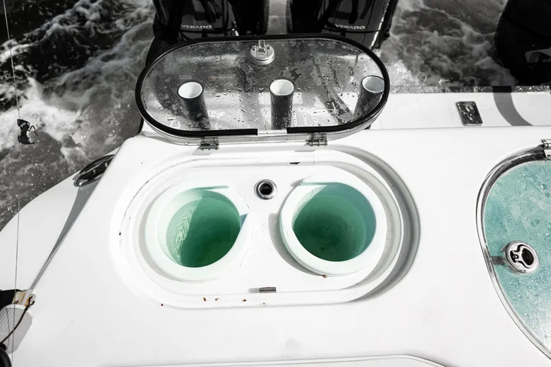  Yacht Photos Pics Livewell on 2024 Front Runner 37 Catamaran, featuring dual compartments and rod holders.