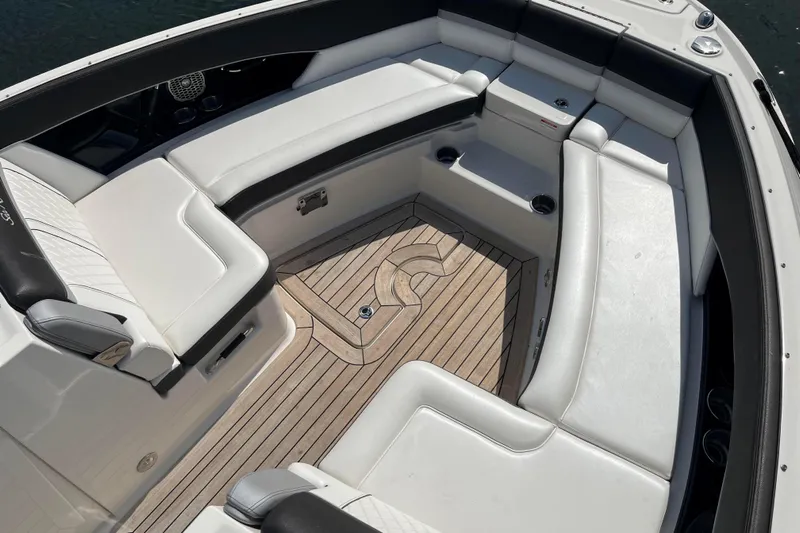  Yacht Photos Pics Luxurious 2018 Sea Ray SLX 350 boat interior with elegant white seating and teak flooring.