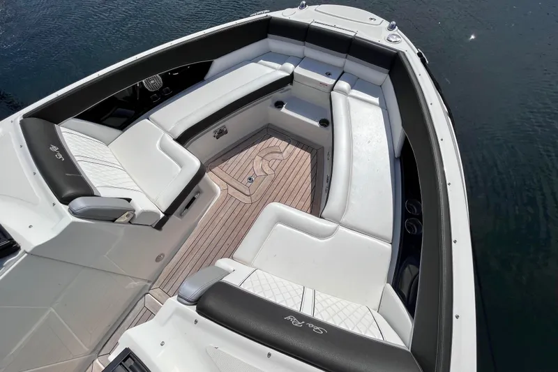  Yacht Photos Pics 2018 Sea Ray SLX 350 boat interior with luxurious seating and teak flooring.