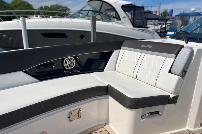  Yacht Photos Pics 2018 Sea Ray SLX 350 boat interior with luxurious seating and sleek design.