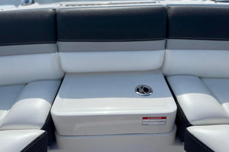  Yacht Photos Pics 2018 Sea Ray SLX 350 boat seating area with white and black upholstery.