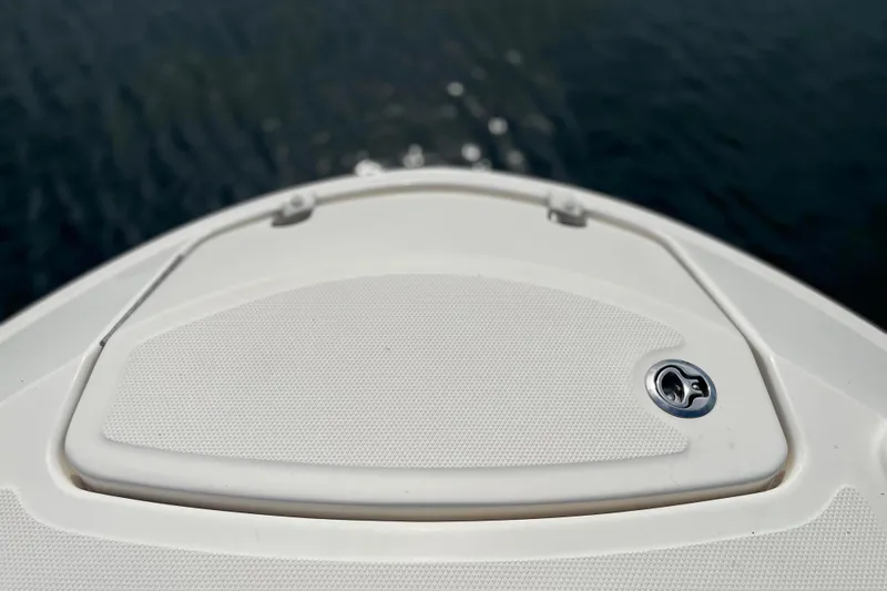  Yacht Photos Pics Bow of 2018 Sea Ray SLX 350 boat on water, featuring sleek design.