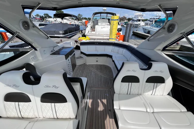  Yacht Photos Pics Luxurious 2018 Sea Ray SLX 350 boat interior with elegant seating and modern design.