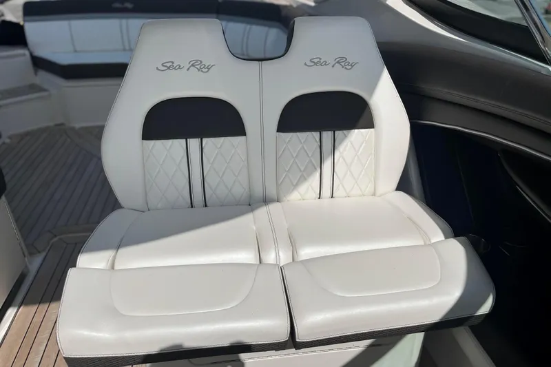  Yacht Photos Pics Luxury seating on 2018 Sea Ray SLX 350 boat, featuring elegant white upholstery.