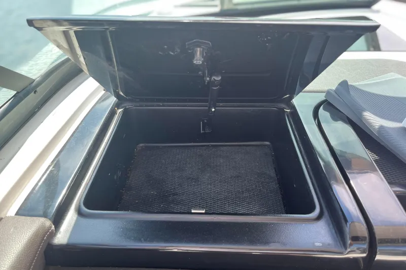  Yacht Photos Pics Open storage compartment on a 2018 Sea Ray SLX 350 boat.