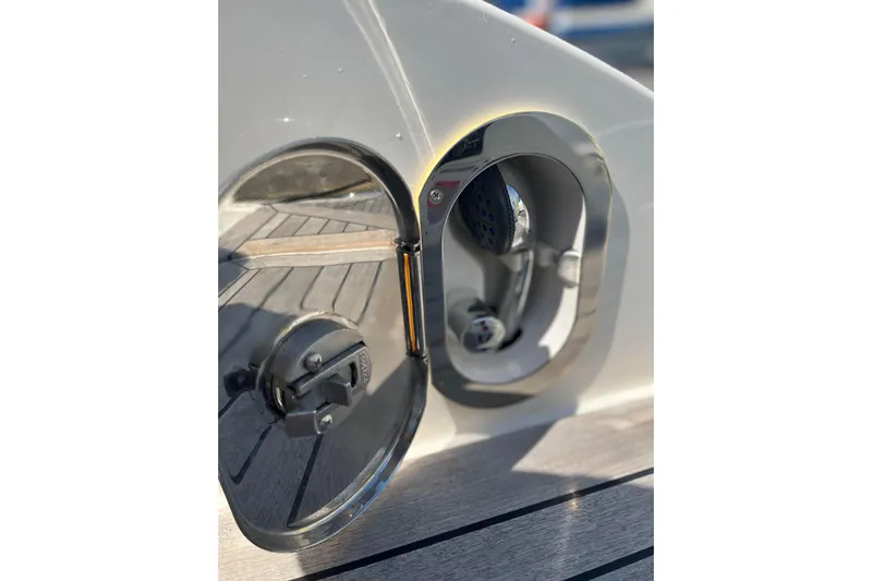  Yacht Photos Pics 2018 Sea Ray SLX 350 boat detail showing a chrome fuel cap on deck.