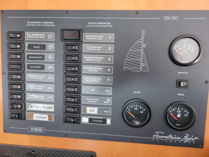  Yacht Photos Pics Control panel of 2006 Fountaine Pajot LAVEZZI catamaran with switches and gauges.
