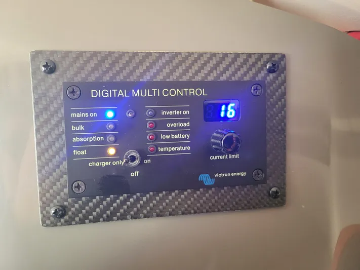 Yacht Photos Pics Digital multi control panel on 2006 Fountaine Pajot LAVEZZI, displaying power settings and indicators.