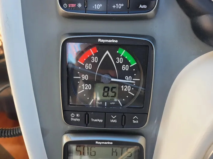  Yacht Photos Pics Raymarine instrument panel on 2006 Fountaine Pajot LAVEZZI catamaran, displaying wind speed and direction.
