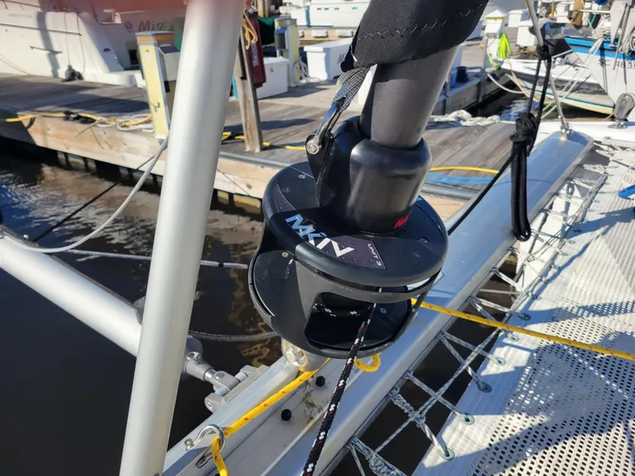  Yacht Photos Pics Close-up of a 2006 Fountaine Pajot LAVEZZI sailboat's rigging system at a marina.