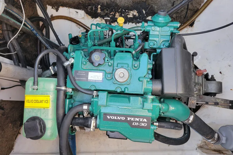  Yacht Photos Pics Volvo Penta DI-30 engine in 2006 Fountaine Pajot LAVEZZI catamaran, with coolant system visible.