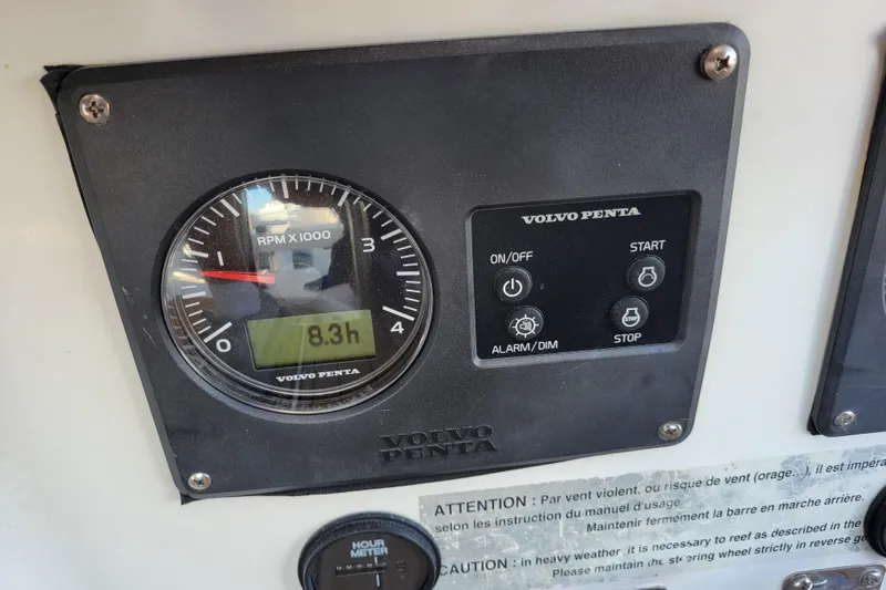  Yacht Photos Pics Volvo Penta control panel on 2006 Fountaine Pajot LAVEZZI, showing 8.3 hours on hour meter.