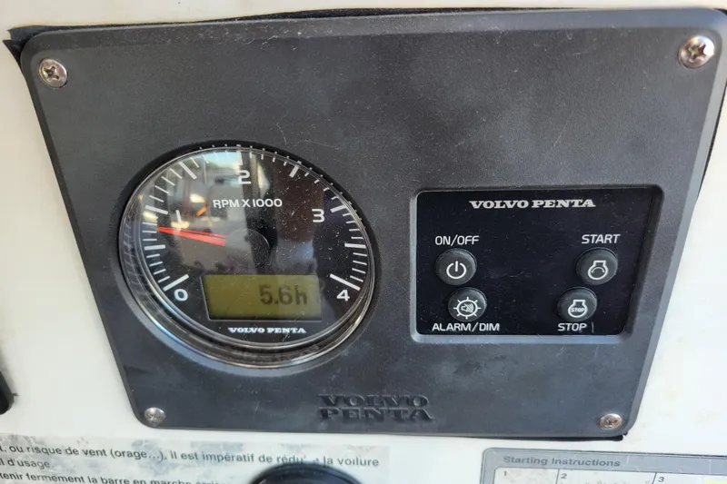  Yacht Photos Pics Volvo Penta control panel on 2006 Fountaine Pajot LAVEZZI catamaran, showing RPM and hours.