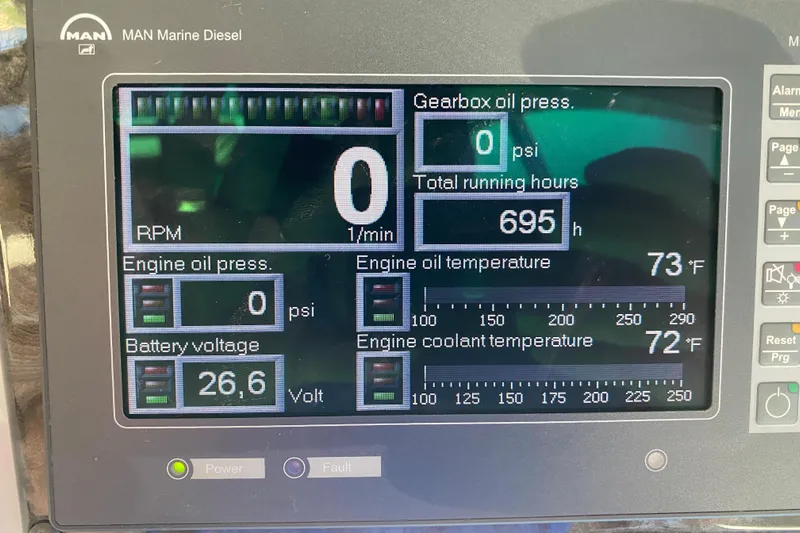  Yacht Photos Pics Display panel of 2012 Sea Ray 610 Sundancer showing engine metrics and battery voltage.