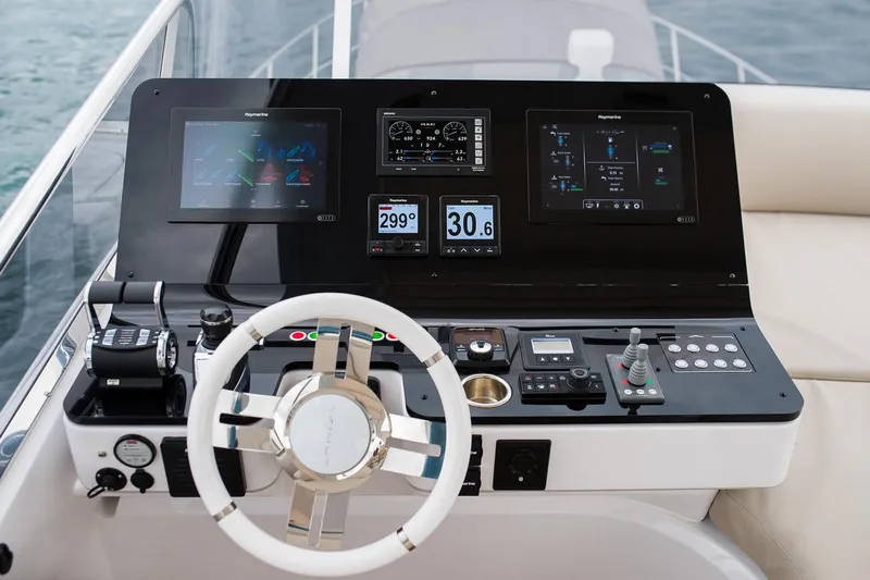 Mawi Yacht Photos Pics Control panel of 2019 Azimut FLY 55 yacht with advanced navigation displays.