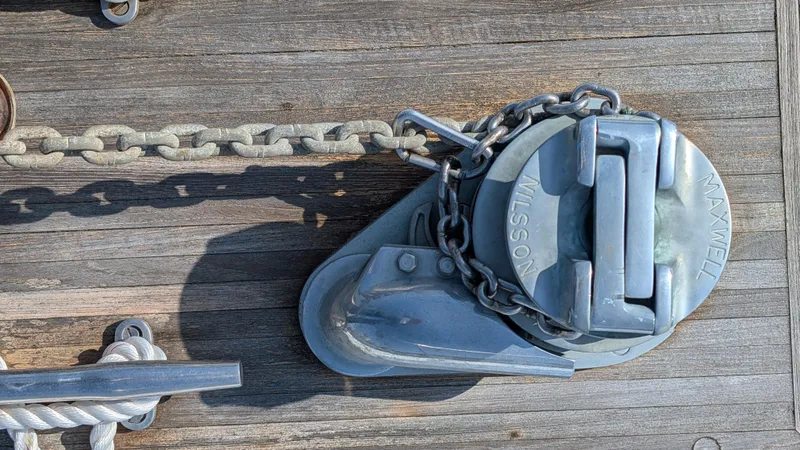 Guadalupe Yacht Photos Pics Anchor winch on 1989 Ditmar & Donaldson Custom Cruiser deck.