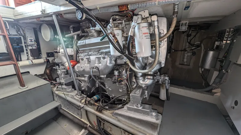 Guadalupe Yacht Photos Pics Engine room of 1989 Ditmar & Donaldson Custom Cruiser boat.