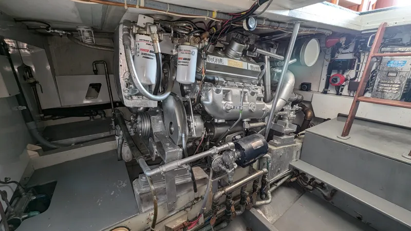 Guadalupe Yacht Photos Pics Engine room of 1989 Ditmar & Donaldson Custom Cruiser, showcasing detailed mechanical components.