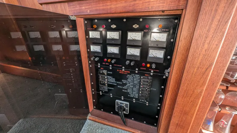 Guadalupe Yacht Photos Pics 1989 Ditmar & Donaldson Custom Cruiser electrical panel with gauges and switches.