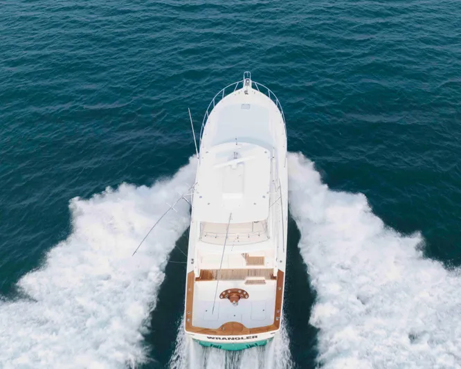 Wrangler Yacht Photos Pics Aerial view of 2008 Ocean Yachts 54 Super Sport cruising on open water.