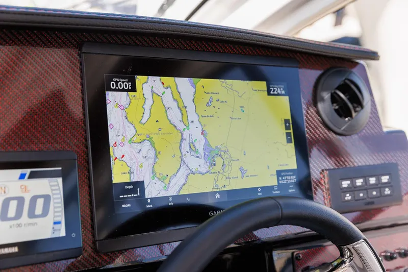  Yacht Photos Pics Dashboard of 2025 Solara S-250 Coupe with navigation display and controls.