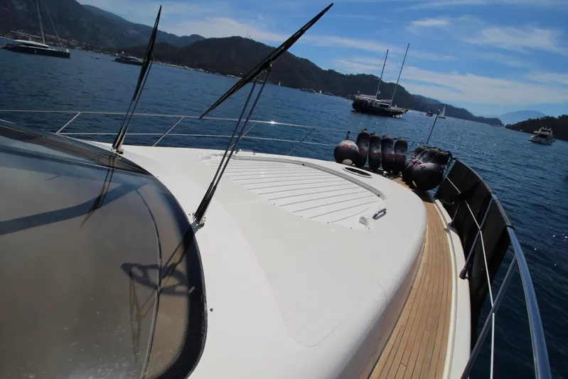  Yacht Photos Pics 2007 Azimut 68 FLY yacht on serene water with scenic mountain backdrop.