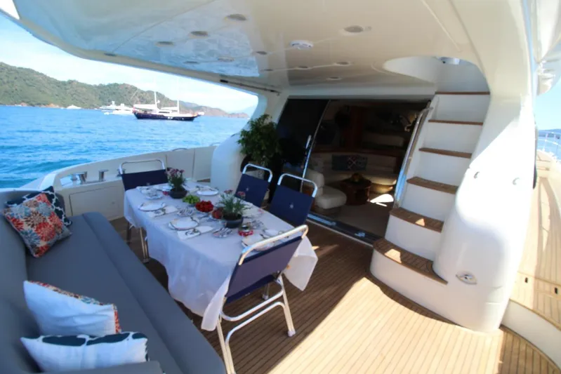  Yacht Photos Pics Luxurious 2007 Azimut 68 FLY yacht with elegant outdoor dining setup on deck.