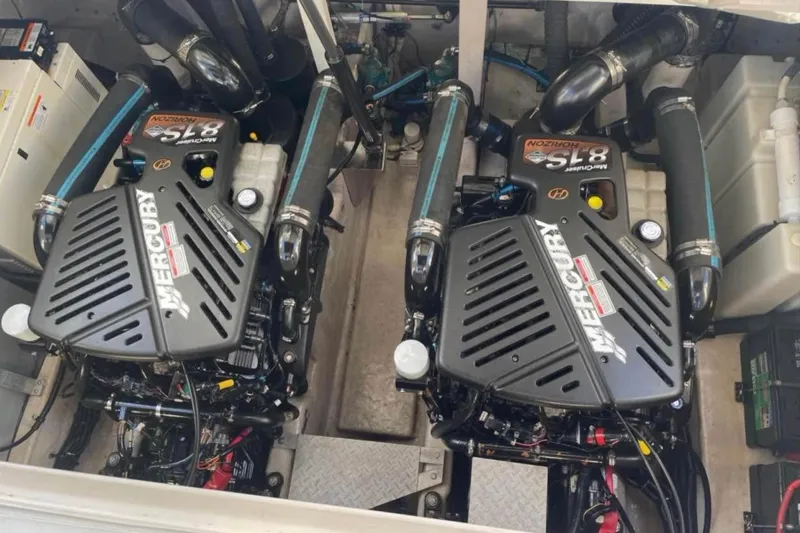  Yacht Photos Pics Engine room of a 2003 Sea Ray 360 Sundancer with twin Mercury engines.