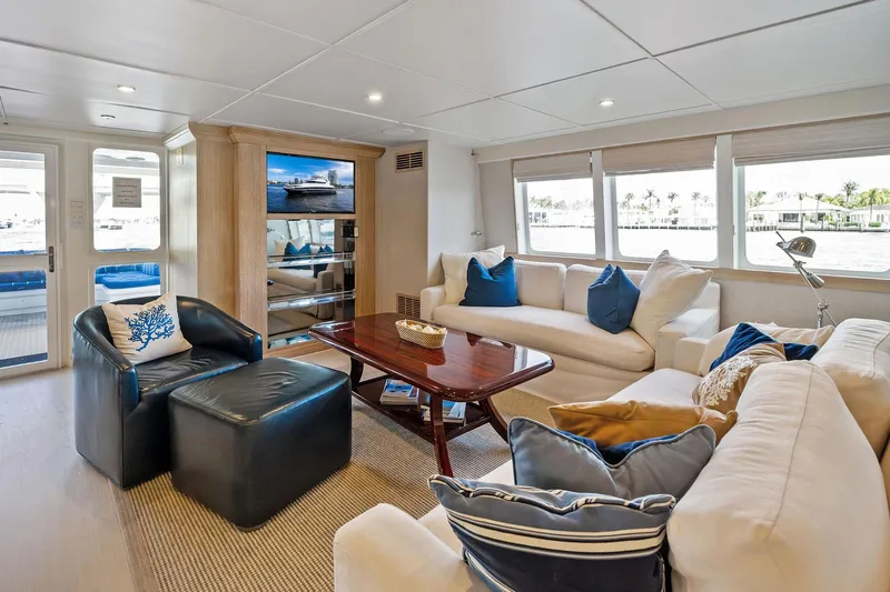 Pegasus Ix Yacht Photos Pics Luxurious 2004 Sabre 92 yacht interior with elegant seating and large windows.