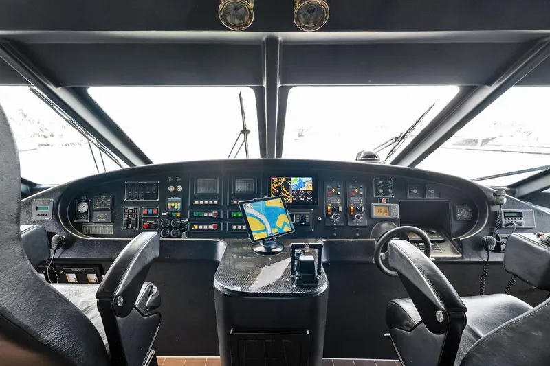 Pegasus Ix Yacht Photos Pics Cockpit of 2004 Sabre 92 yacht with advanced navigation controls and displays.