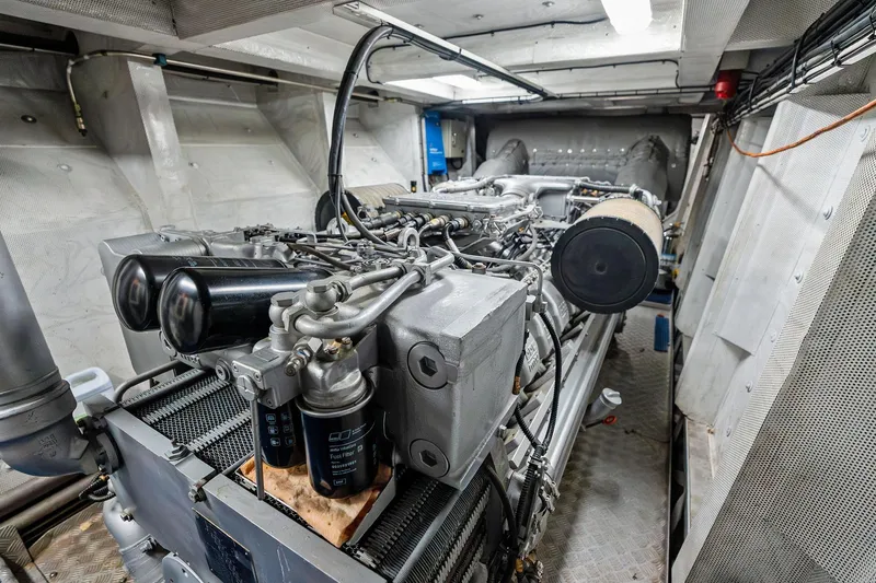 Pegasus Ix Yacht Photos Pics Engine room of a 2004 Sabre 92 yacht, showcasing complex machinery and components.