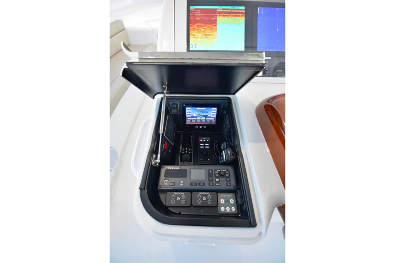 Slow Your Roll Yacht Photos Pics 2019 Viking 68 Convertible yacht control panel with advanced navigation displays.