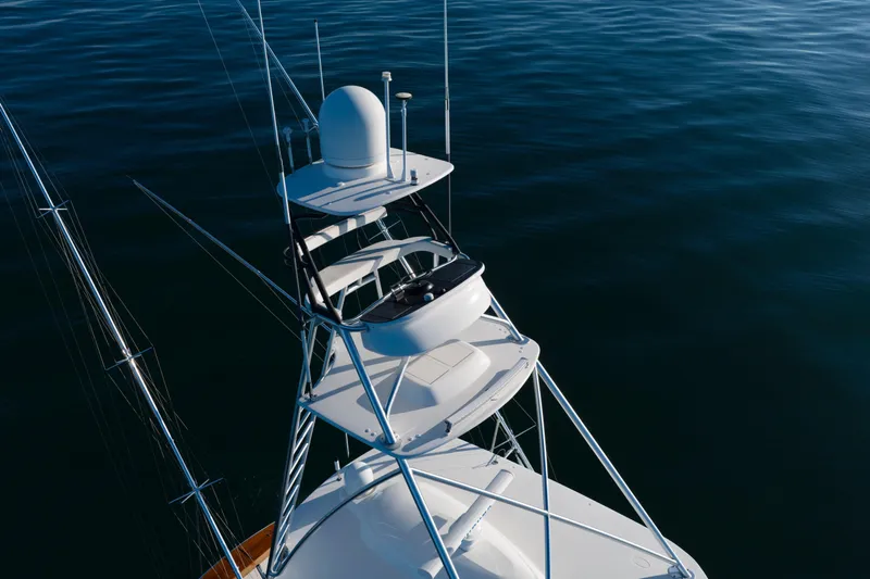 Slow Your Roll Yacht Photos Pics Aerial view of 2019 Viking 68 Convertible yacht tower on calm water.