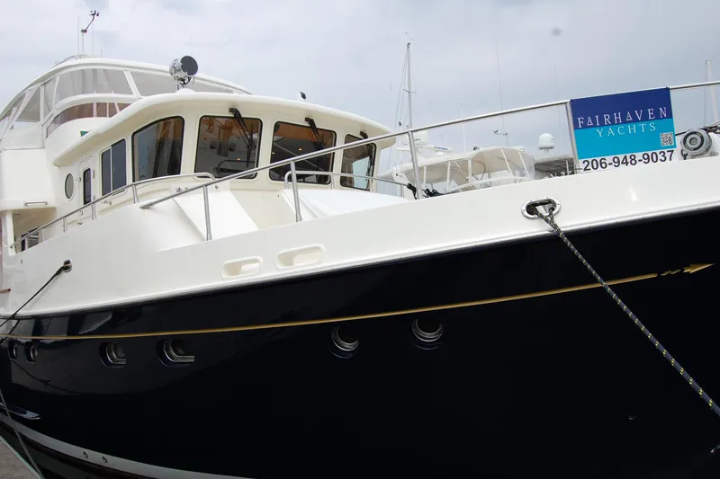 Blue Red Yacht Photos Pics 2006 Selene Pilothouse Ocean Trawler docked at Fairhaven Yachts marina.