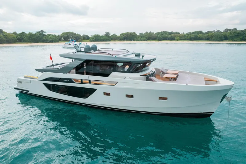  Yacht Photos Pics 2022 Bluegame BGX70 yacht on serene water, showcasing sleek design and modern features.