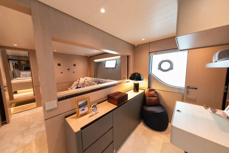  Yacht Photos Pics Luxurious interior of 2022 Bluegame BGX70 yacht, featuring modern design and elegant furnishings.