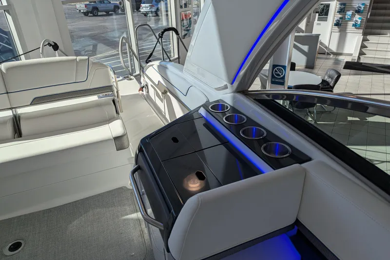 310 Bow Rider Yacht Photos Pics Interior of 2025 Formula 310 Bowrider I/O with blue lighting.