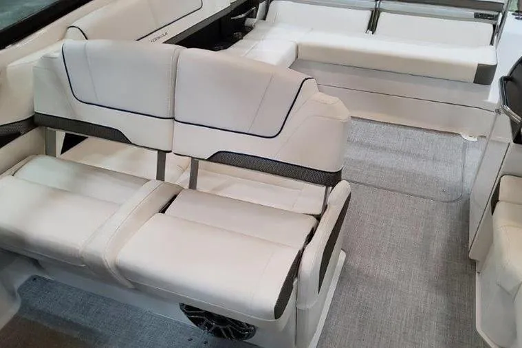 310 Bow Rider Yacht Photos Pics Interior of 2025 Formula 310 Bowrider I/O with white leather seating.