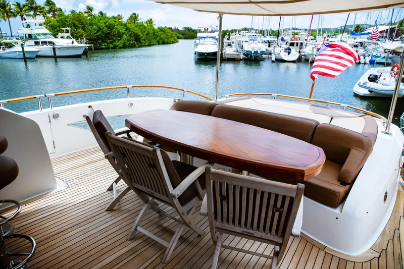 Lovin Life Yacht Photos Pics Luxury 2008 Lazzara LSX 75 yacht deck with seating, table, and marina view.