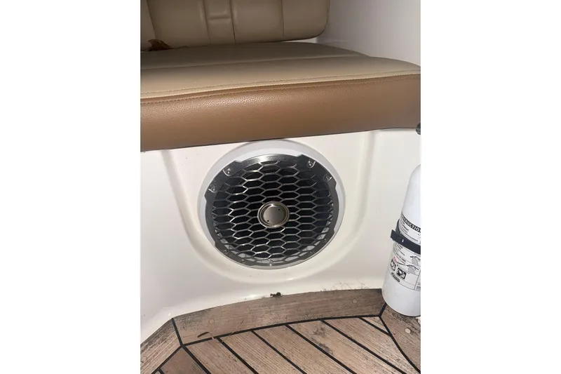  Yacht Photos Pics 2015 Sea Ray 350 SLX boat interior with speaker and fire extinguisher.
