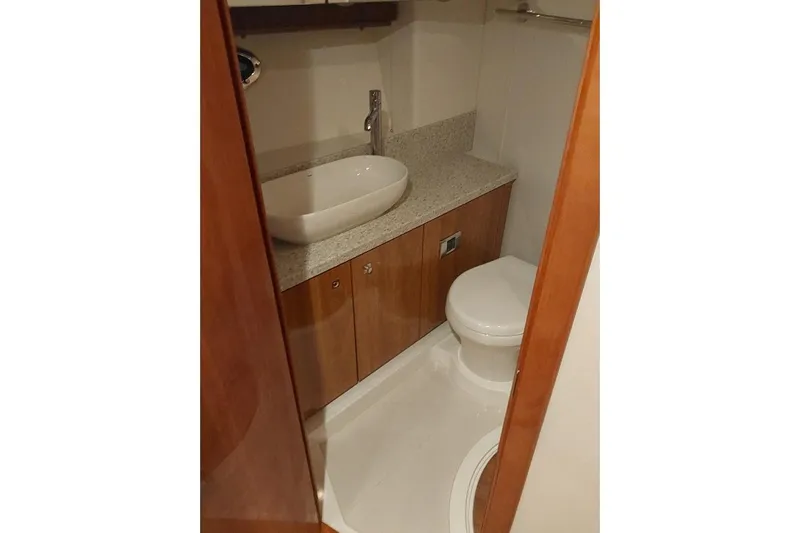 Albacore Yacht Photos Pics Bathroom interior of 2012 Sunseeker Portofino 48 yacht with modern fixtures.