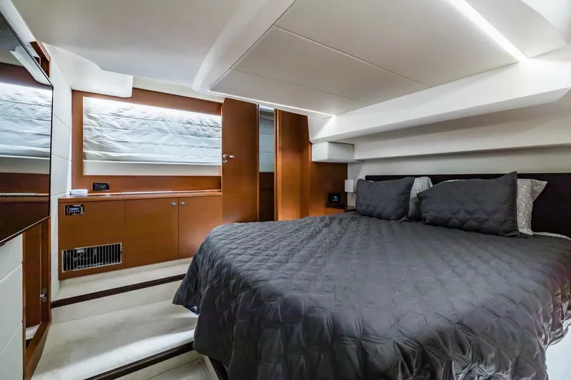  Yacht Photos Pics Luxurious bedroom interior of 2013 Prestige 500 Fly yacht with modern design.