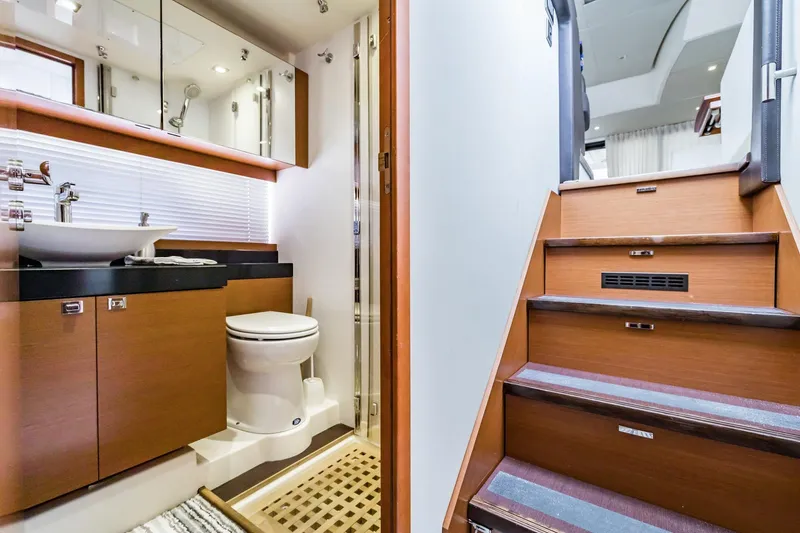  Yacht Photos Pics Luxurious bathroom and staircase in 2013 Prestige 500 Fly yacht interior.