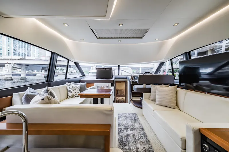  Yacht Photos Pics Luxurious interior of 2013 Prestige 500 Fly yacht with elegant seating and modern design.