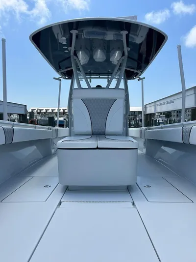  Yacht Photos Pics 2021 Contender 35 ST boat interior with sleek seating and modern design.