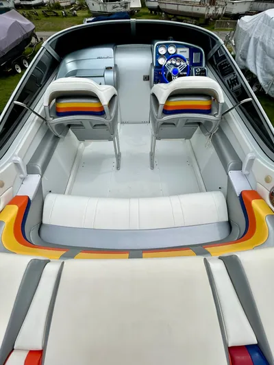  Yacht Photos Pics 2008 Formula 353 FASTech boat interior with colorful seating and modern dashboard.