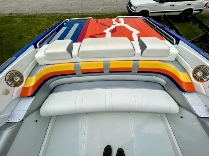  Yacht Photos Pics 2008 Formula 353 FASTech boat interior with colorful seating and speaker system.