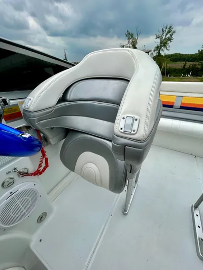  Yacht Photos Pics 2008 Formula 353 FASTech boat seat with gray and white upholstery.