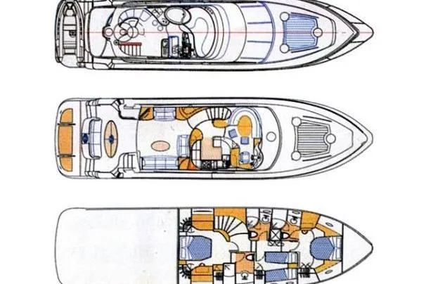 2005 Neptunus 62 Flybridge yacht floor plan with detailed layout of three levels.